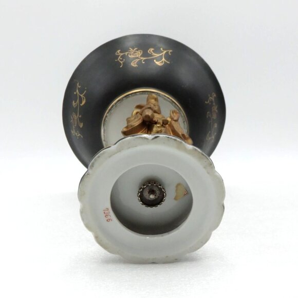 PEDESTAL Bowl Black and Gold With Oriental Figure Vintage JAPANESE Hand Painted - Picture 5 of 10